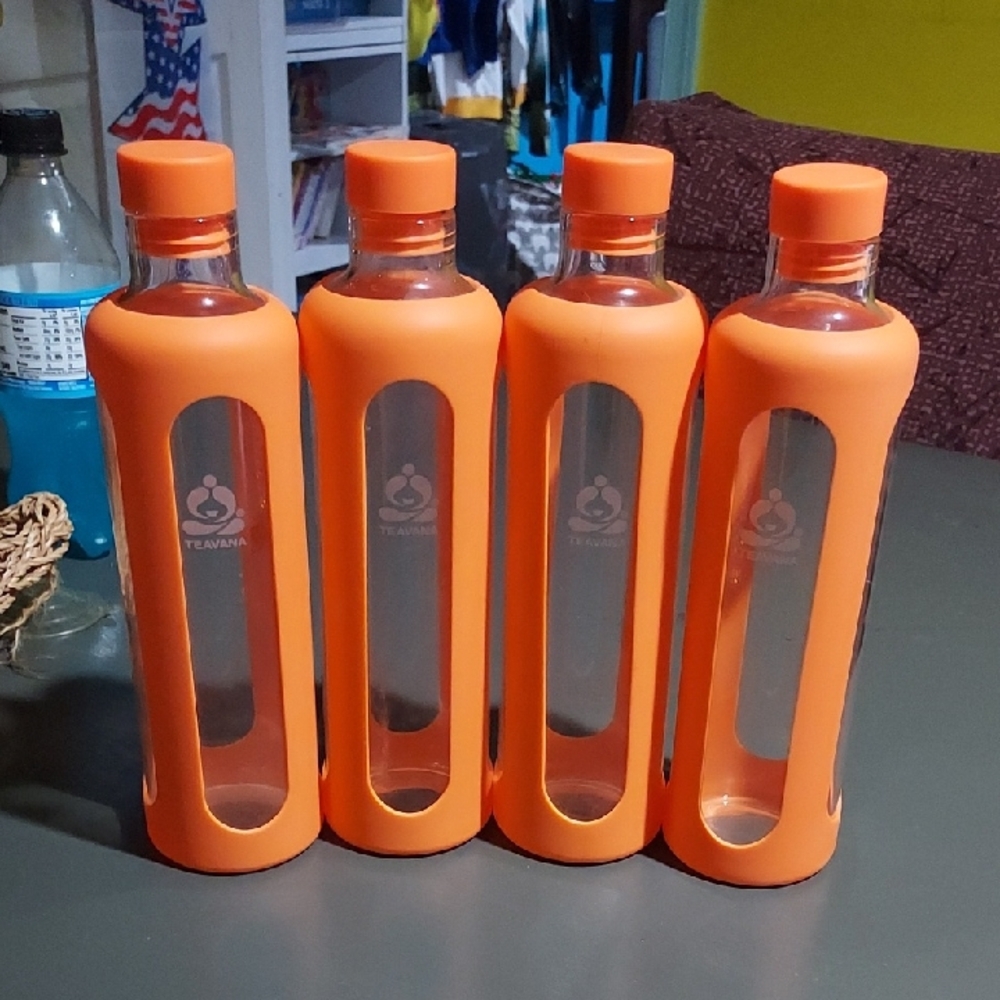 4 Ct Teavana Iced Tea Glass Bottles With Silicon Lids And Covers Orange